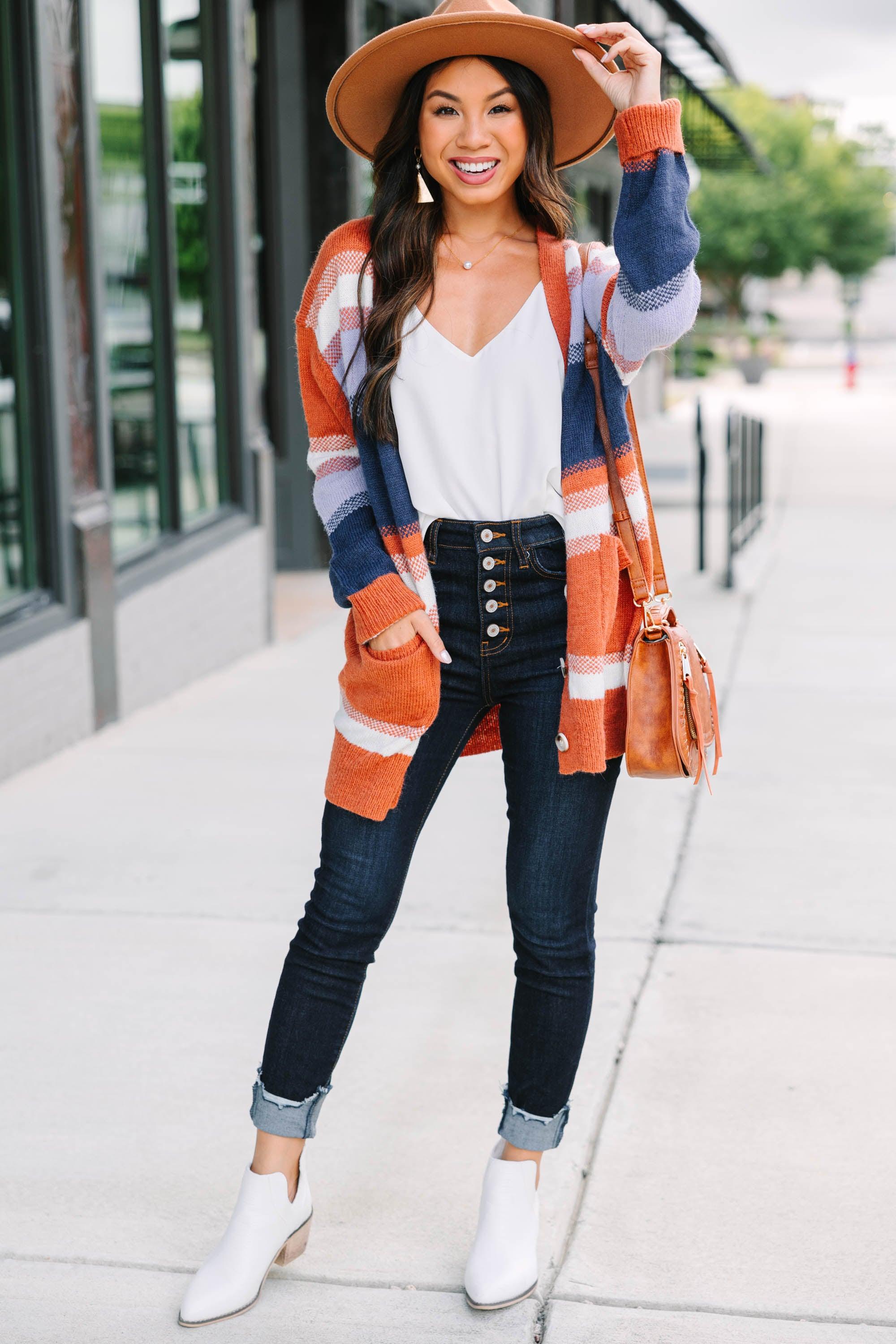 Fall For You Rust Orange Striped Cardigan Female Product Image