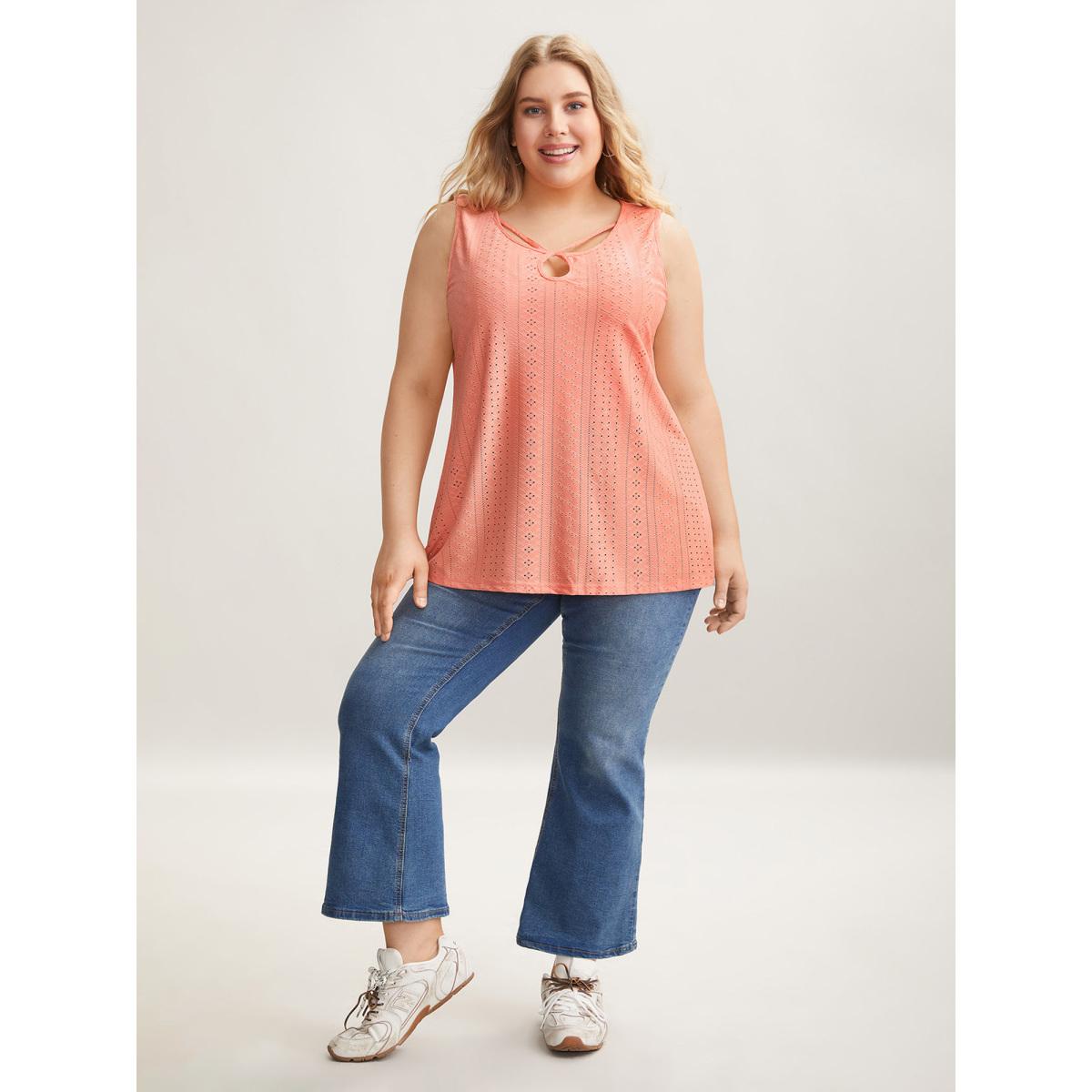 Plus Size Neck Keyhole Fitted Sleeveless Top Women Coral Casual Texture Round Neck Everyday Tank Tops Camis BloomChic 12/L Product Image