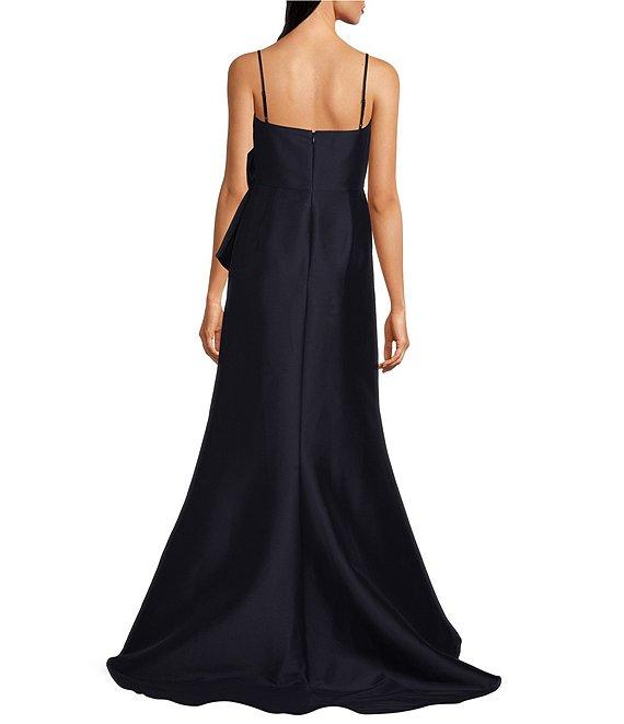 Muse by Marchesa Stretch Mikado 3D Rosette Running Side Ruffle Straight Neck Spaghetti Strap Fit and Flare Gown Product Image