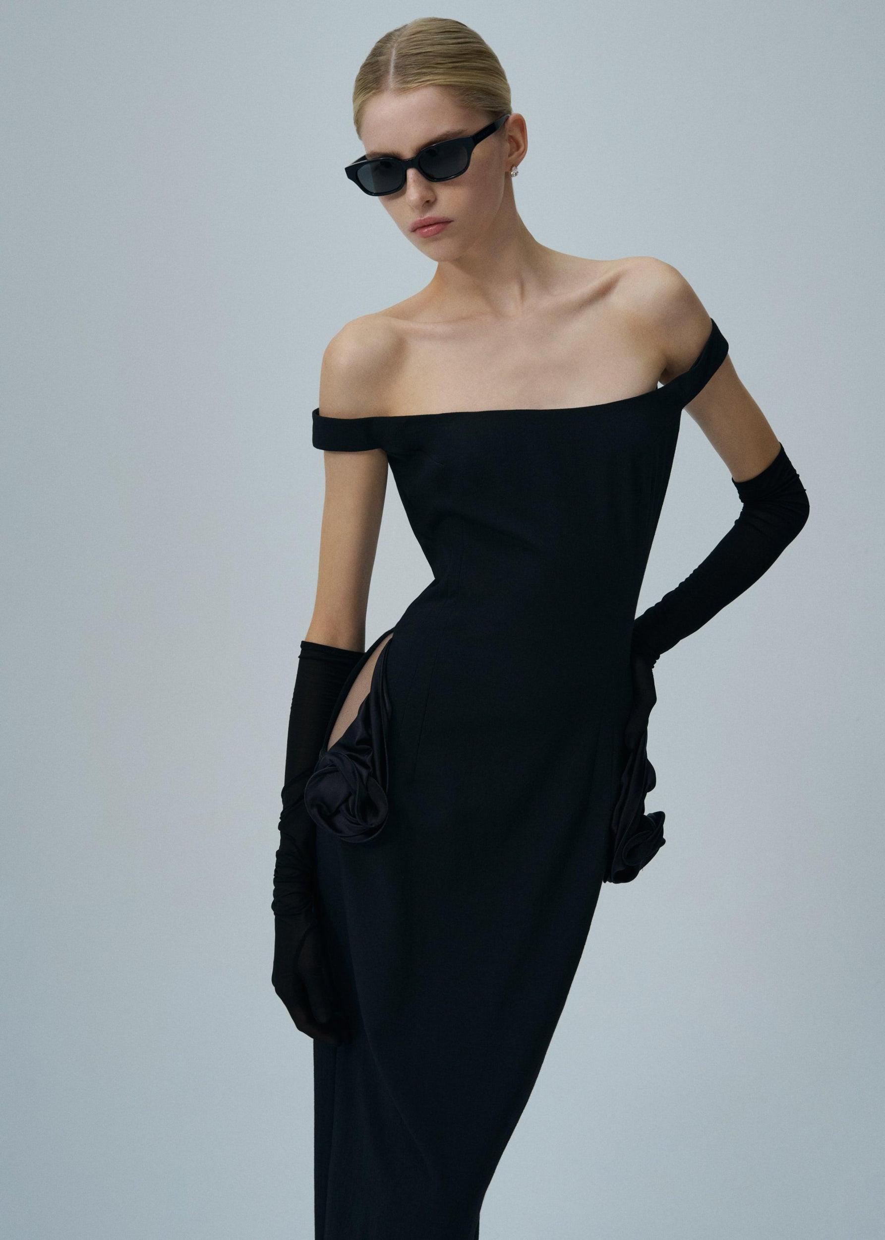 Floral side cut out midi dress in black Product Image