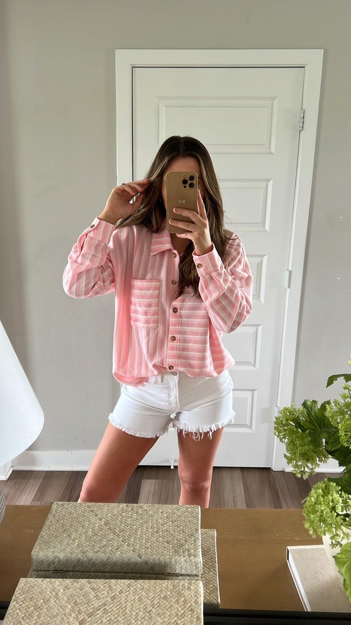 Glenn Pink and White Striped Button Down Top - FINAL SALE Product Image