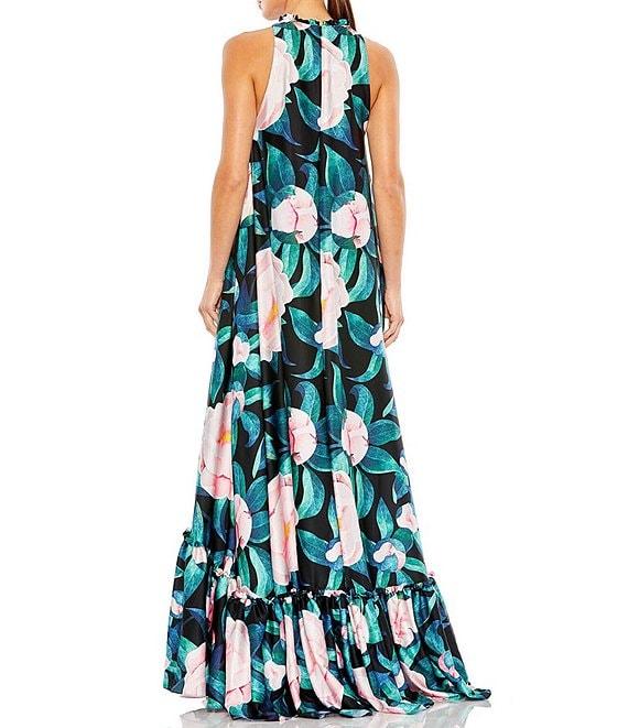 Mac Duggal Floral Print Ruffled Crew Neck Sleeveless High-Low Hem Gown Product Image
