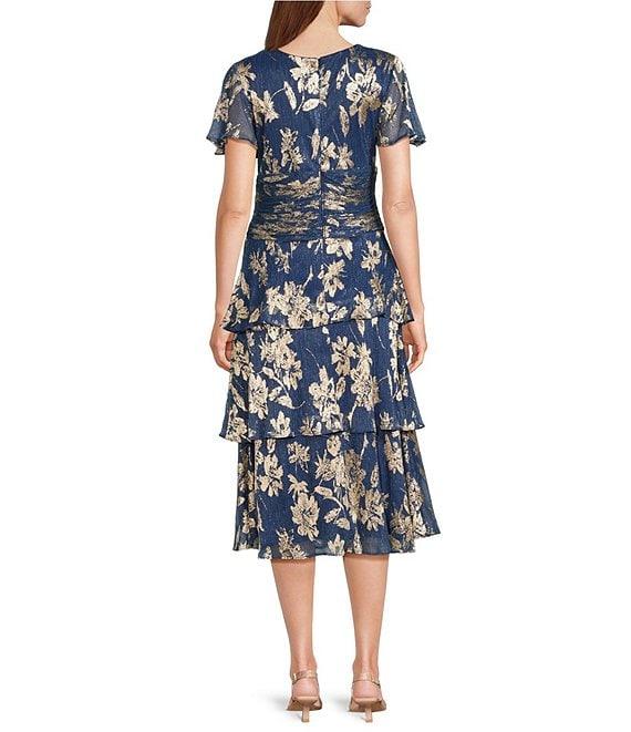 Ignite Evenings Short Sleeve V-Neck Tiered Floral Midi Dress Product Image