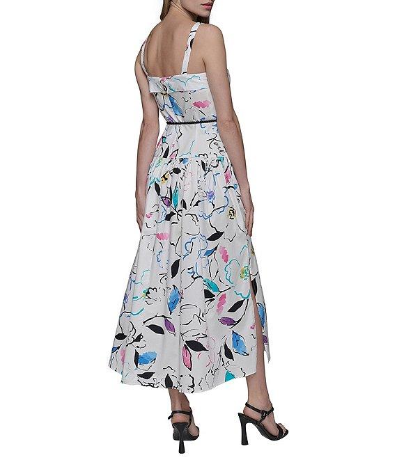 KARL LAGERFELD PARIS Stretch Sateen Multi Print Square Neck Sleeveless Rope Belt Button Front Sheath Maxi Dress Product Image