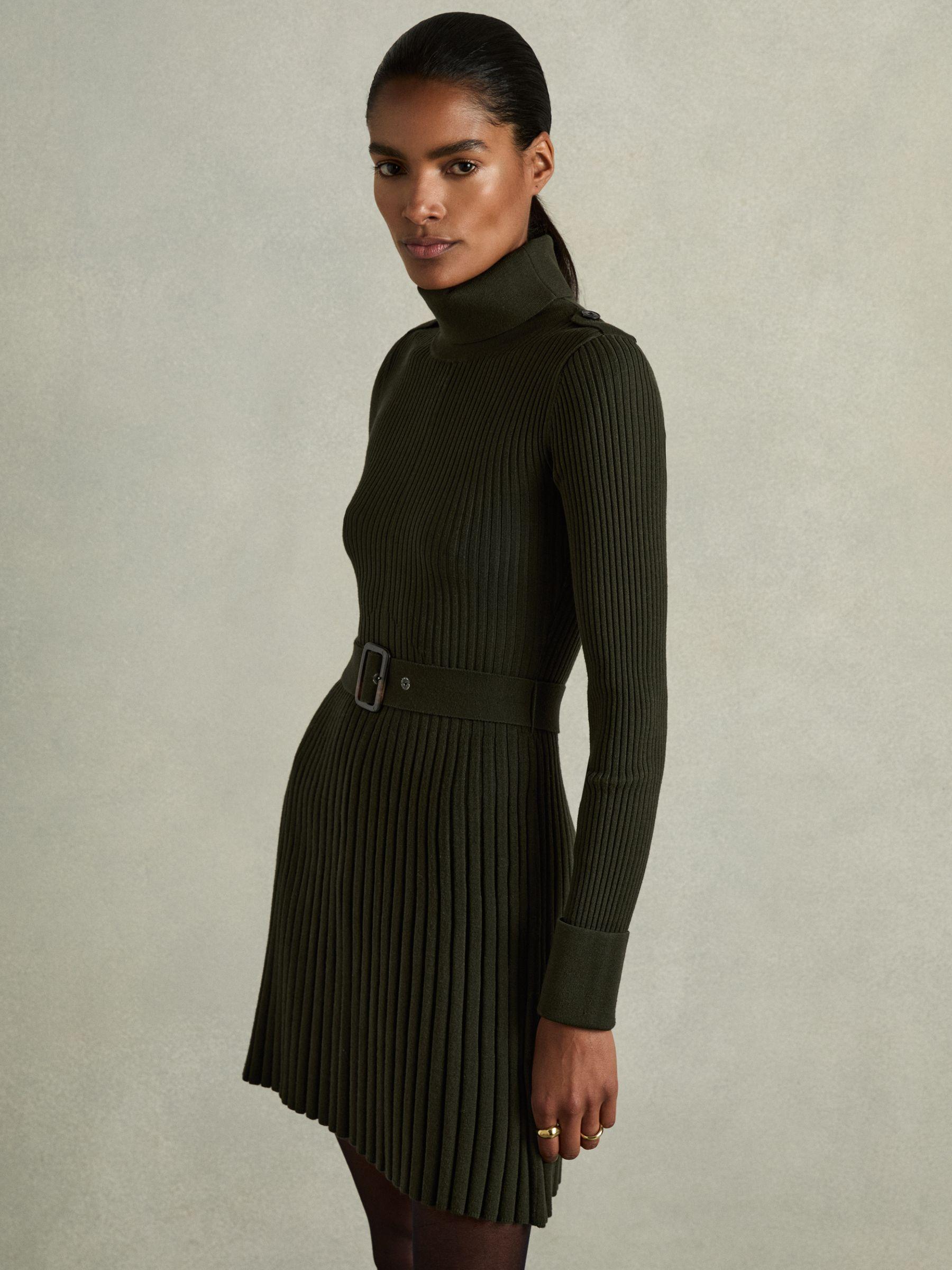 Roll-Neck Ribbed Mini Dress in Khaki Product Image