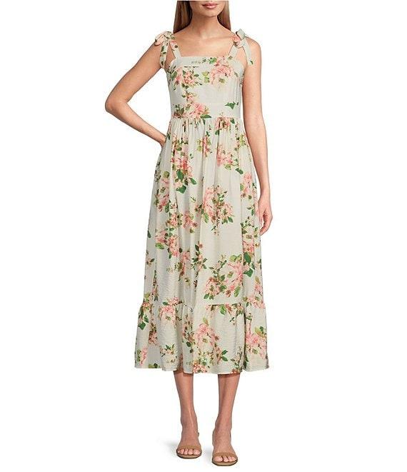 Leslie Fay Square Neck Sleeveless Tie Strap Flounce Skirt Midi Dress Product Image