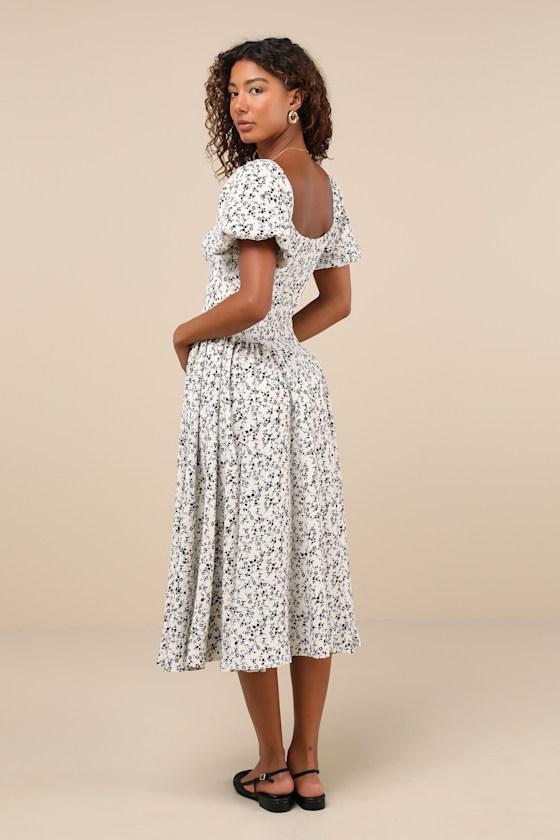 Sincerely Captivating Ivory Floral Puff Sleeve Midi Dress Product Image