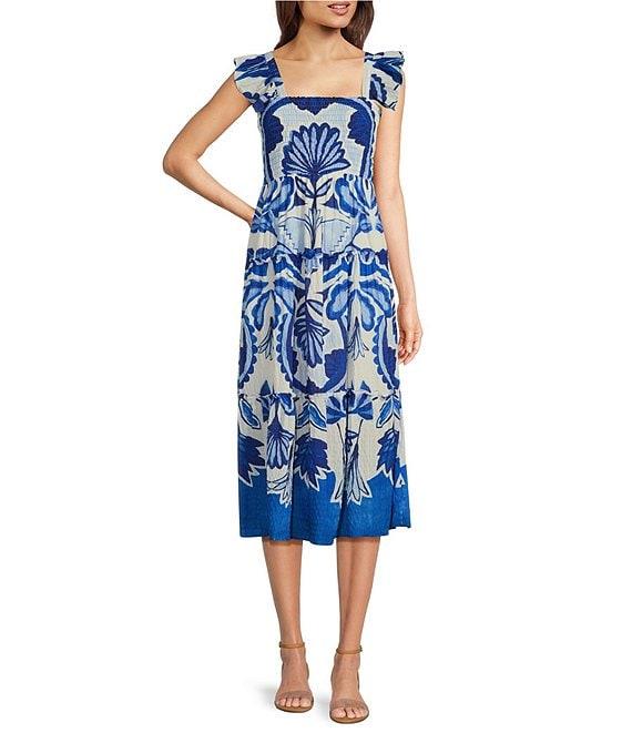 Vince Camuto Printed Square Neck Sleeveless Tiered Midi Dress Product Image