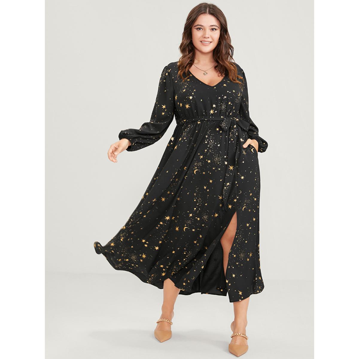 Plus Size Moon And Star Pocket Split Belted Bodycon Dress Black Women Party Pocket V-neck Long Sleeve Curvy Midi Dress BloomChic 22-24/3X Product Image
