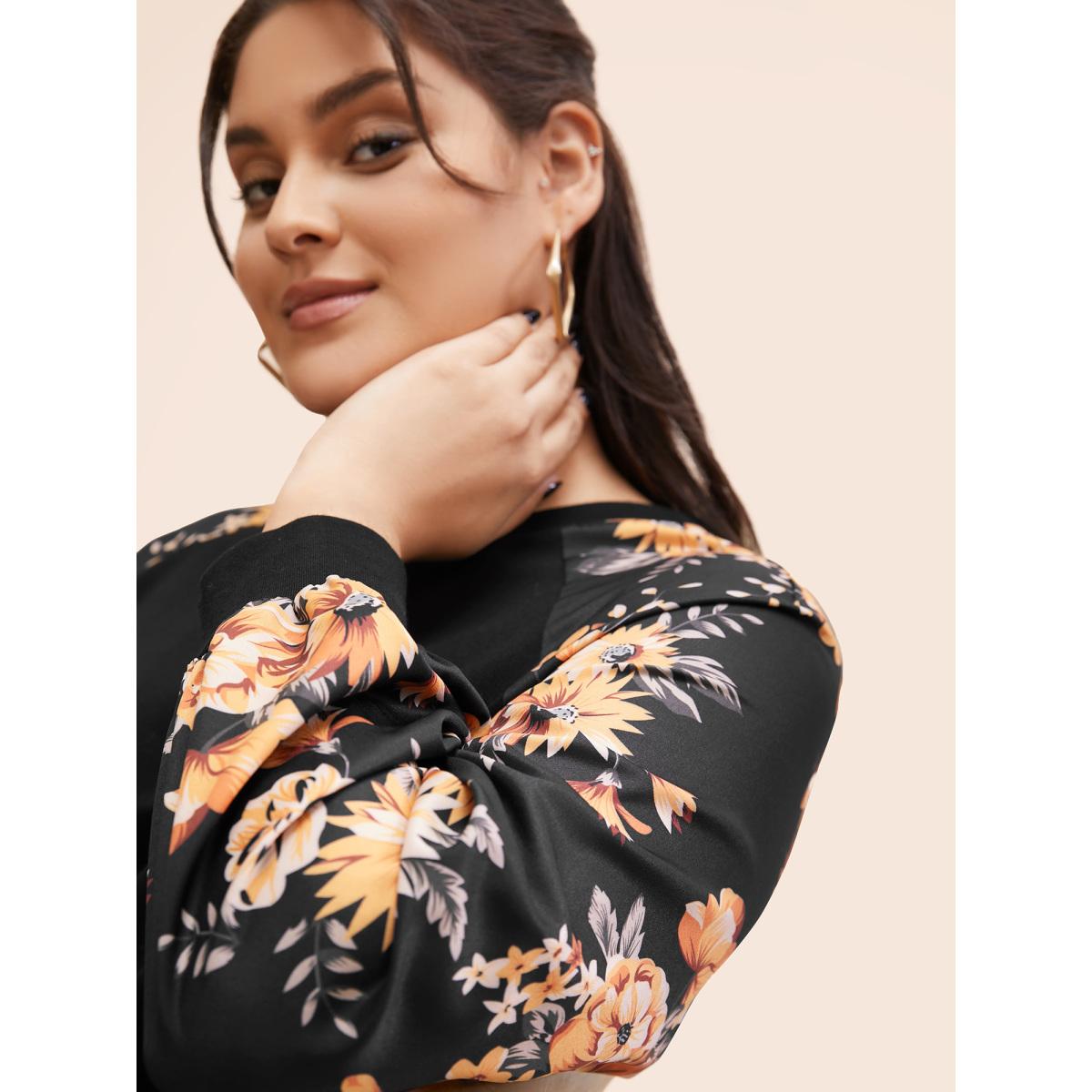 Plus Size Halloween Floral Patchwork Print Raglan Sleeve Sweatshirt Women Black Leisure Elastic cuffs Round Neck Casual Sweatshirts BloomChic 30/6X Product Image