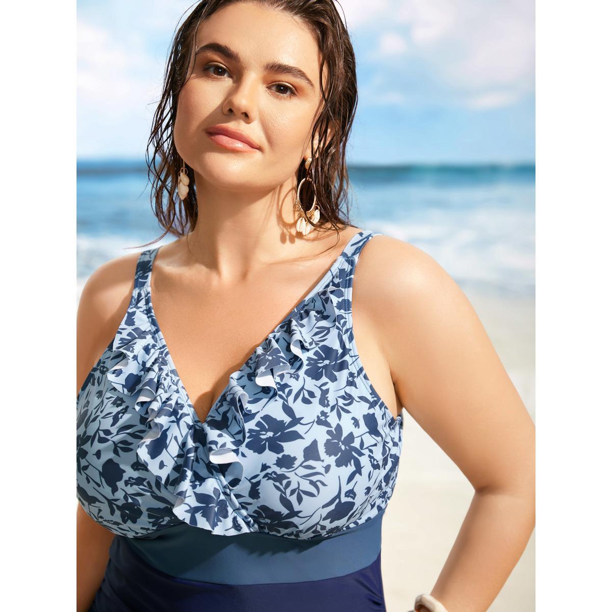 Plus Size Silhouette Floral Print Patchwork Ruffles One Piece Swimsuit Women's Swimwear Indigo Beach Gathered Curve Bathing Suits High stretch One Pieces BloomChic 30/6X Product Image