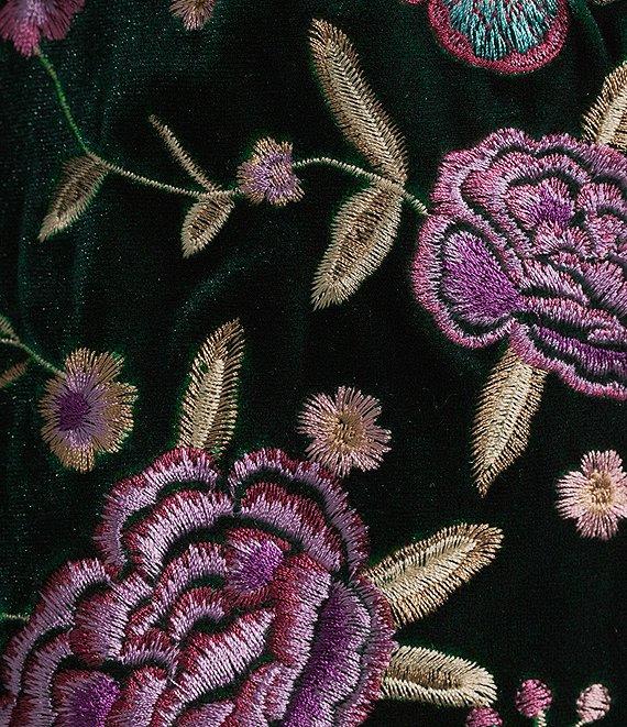 Calessa Embroidered Floral Point Collar Long Sleeve Button Front Velvet Shirt Product Image