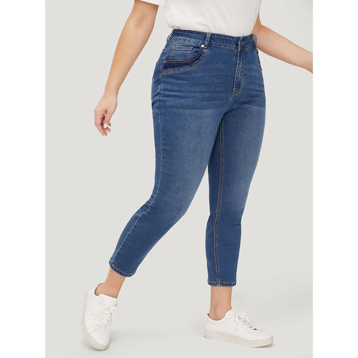 Plus Size Very Stretchy High Rise Medium Wash Patched Patchwork Jeans Women Indigo Casual Plain Patchwork High stretch Pocket Jeans BloomChic 10/M Product Image