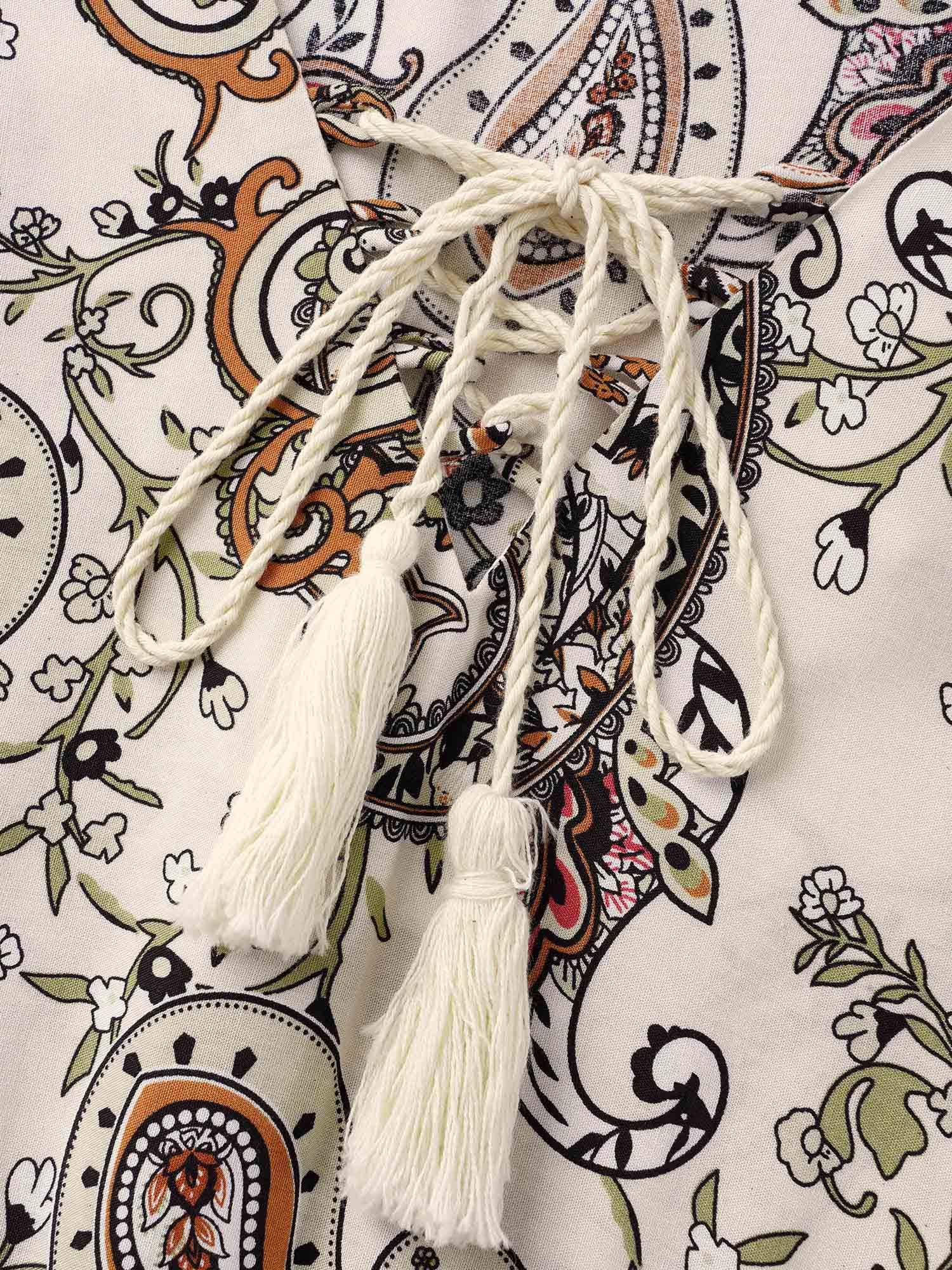 Boho Print Tie Knot Tassels Crisscross Blouse Female Product Image