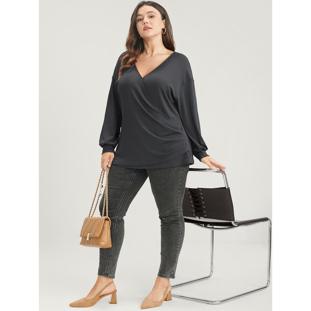Plus Size Solid Wrap Rib Knit Sweatshirt Women DimGray Elegant Wrap Loose V-neck Dailywear Sweatshirts BloomChic 10/M Product Image