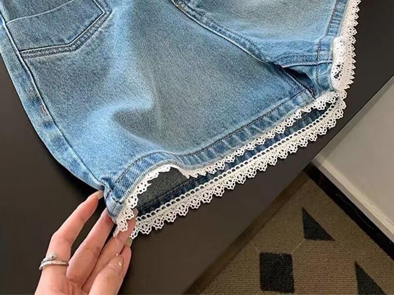 High Waist Washed Lace Trim Denim Shorts Product Image