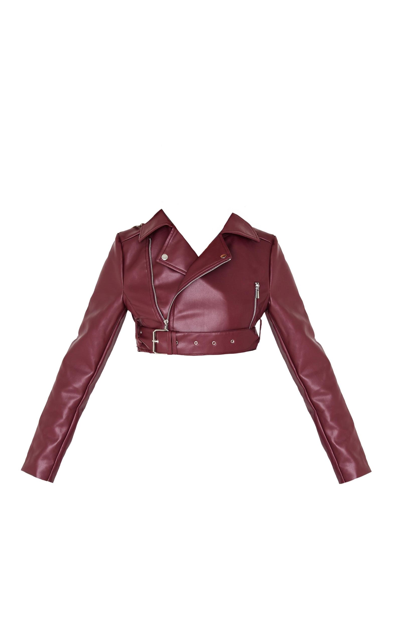 Burgundy Faux Leather Super Cropped Biker Jacket Product Image