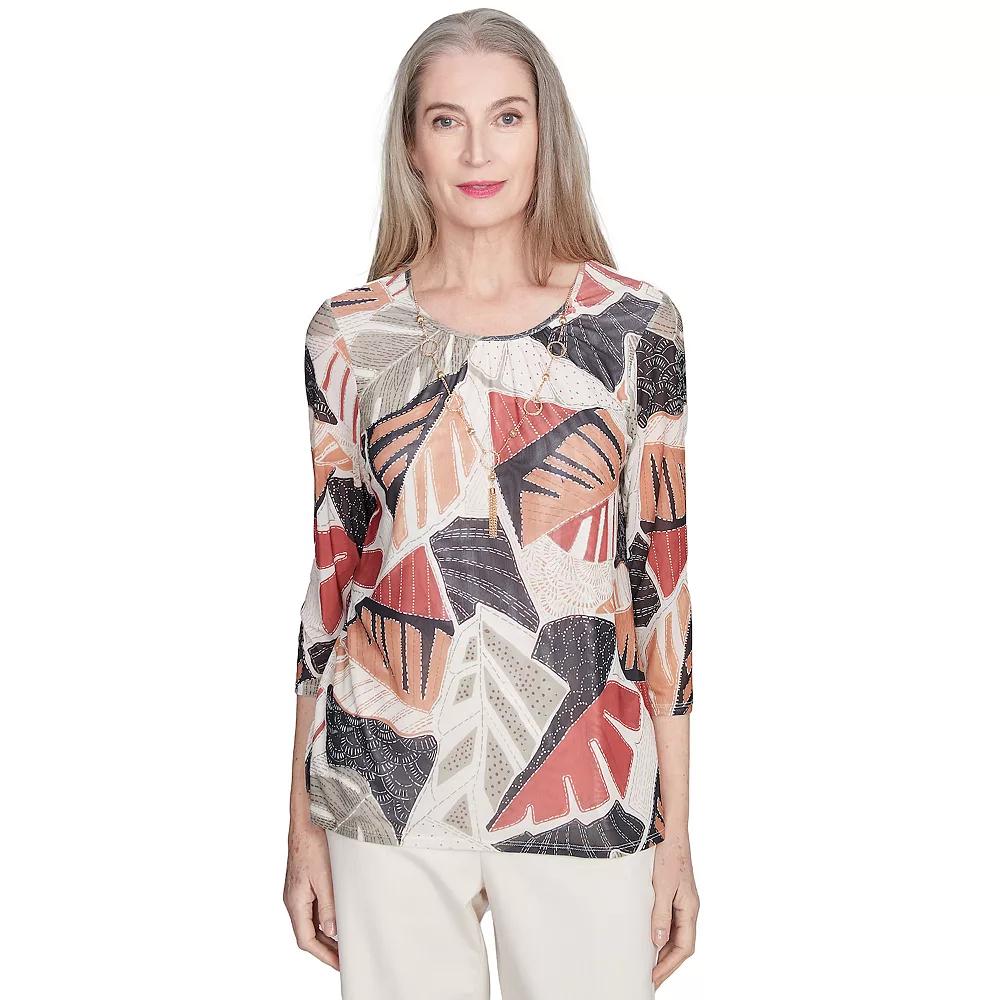 Alfred Dunner Petite Tropical Mesh Top with Necklace, Women's,  Product Image