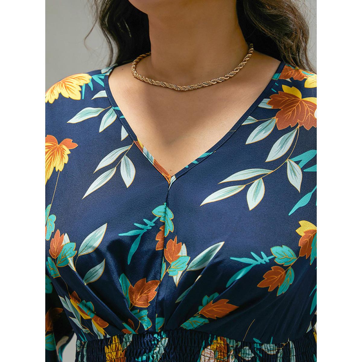 Plus Size Floral Print Shirred Lantern Sleeve Dress DarkBlue Women Elegant Elastic cuffs V-neck Long Sleeve Curvy Midi Dress BloomChic 28/5X Product Image
