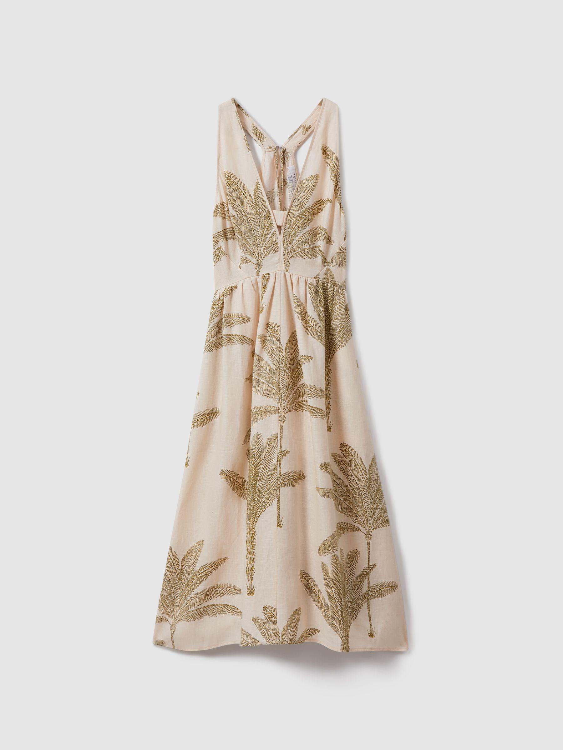 100% Linen Tropical Print Midi Dress in Neutral/Green Product Image