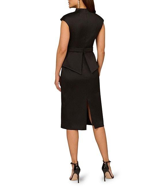 Aidan Mattox Mikado Rhinestone Buckle At Waist V-Neck Cap Sleeve Sheath Midi Dress Product Image