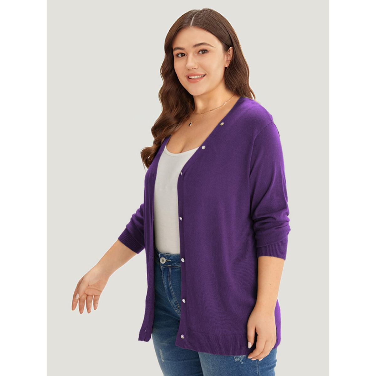 Plus Size Supersoft Essentials Plain Button Detail Very Stretchy Cardigan Blackcurrant Women Casual Loose Long Sleeve Everyday Cardigans BloomChic 28/5X Product Image