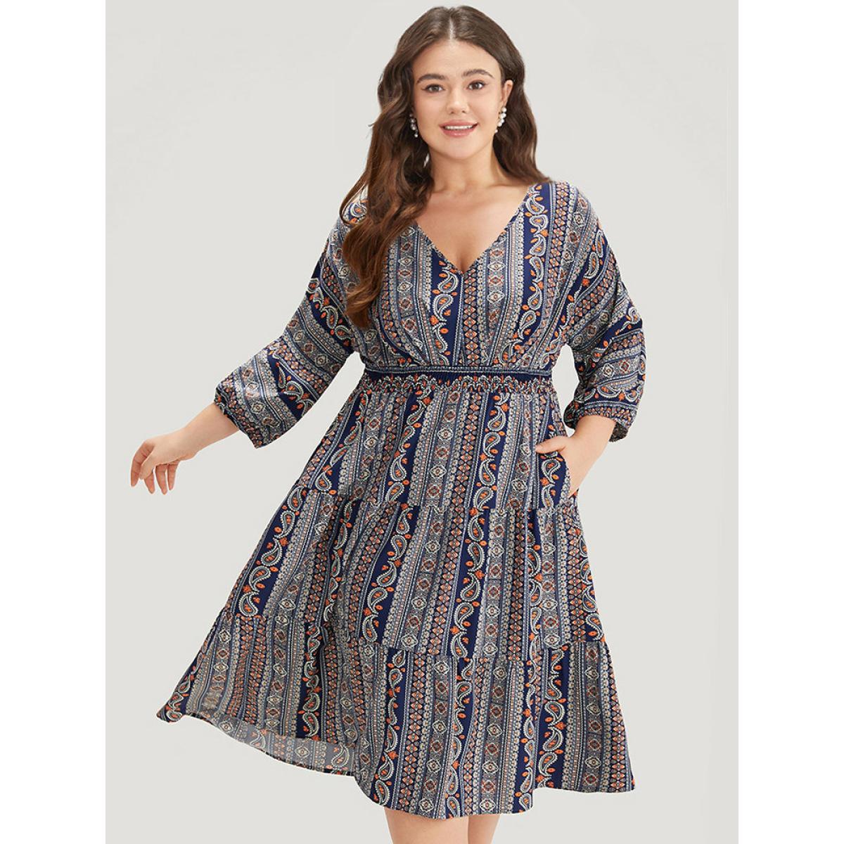 Plus Size Bandana Print Elastic Cuffs Layered Hem Dress DarkBlue Women Vacation Elastic cuffs V-neck Elbow-length sleeve Curvy Midi Dress BloomChic 22-24/3X Product Image