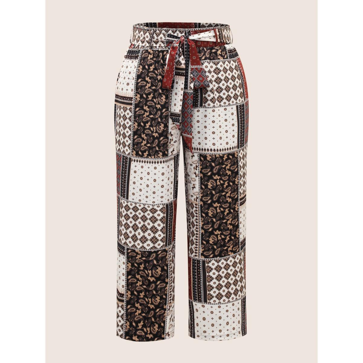 Plus Size Patchwork Floral Belted Wide Leg Pants Women Deepred Resort Wide Leg High Rise Vacation Pants BloomChic 30/6X Product Image