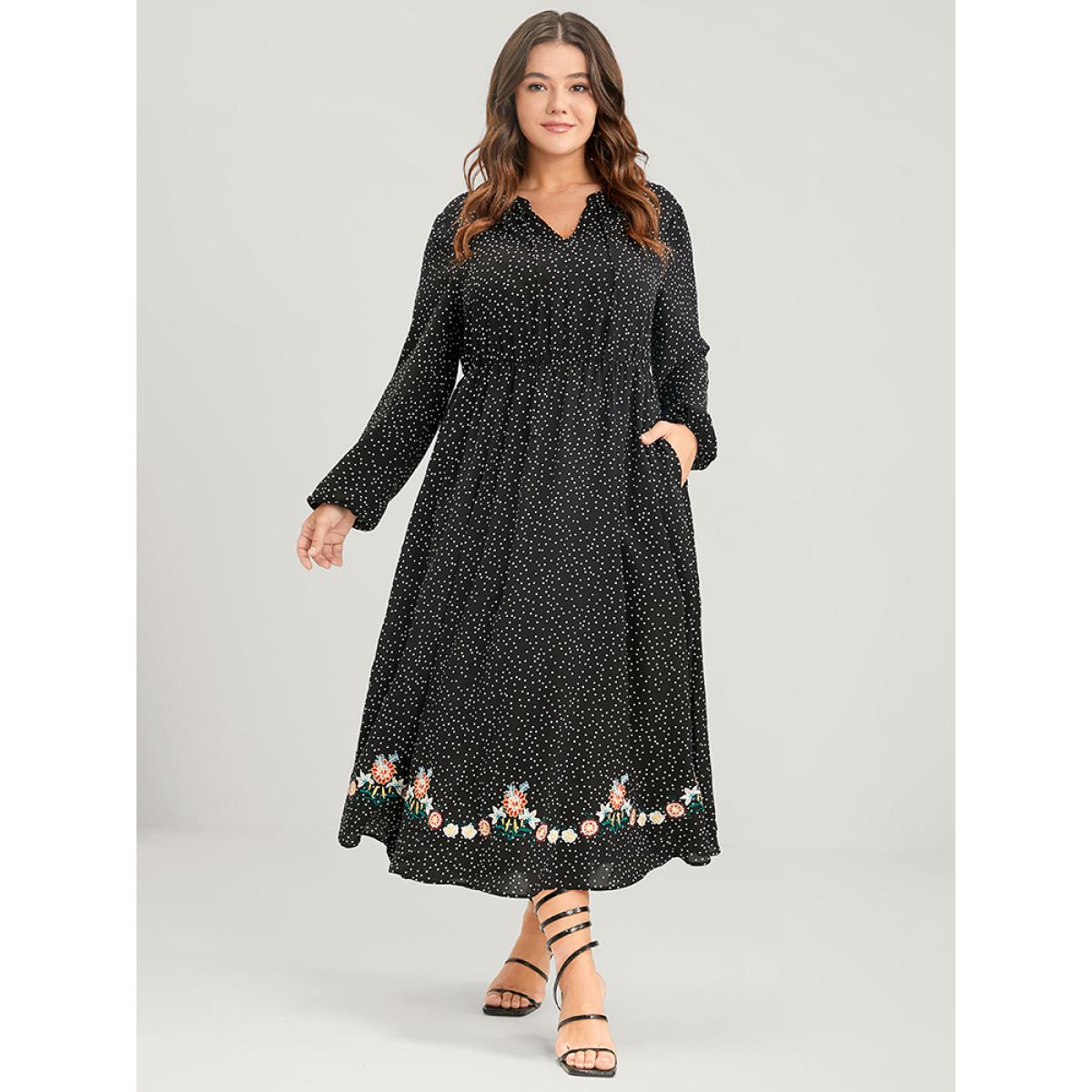 Plus Size Polka Dot Lantern Sleeve Pocket Embroidered Detail Dress Black Women Vacation Embroidered V-neck Long Sleeve Curvy Midi Dress BloomChic 12/L Product Image