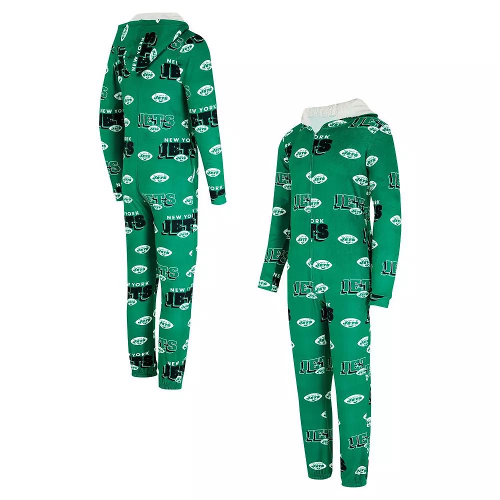 Women's Concepts Sport Kelly Green New York Jets Throwback Roadway Allover Print Microfleece Full-Zip Union Suit,  Product Image