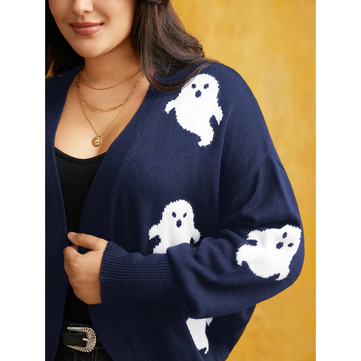 Plus Size Happy Ghost Jacquard Arc Cardigan Indigo Women Playful Loose Long Sleeve Casual Cardigans BloomChic 28/5X Product Image