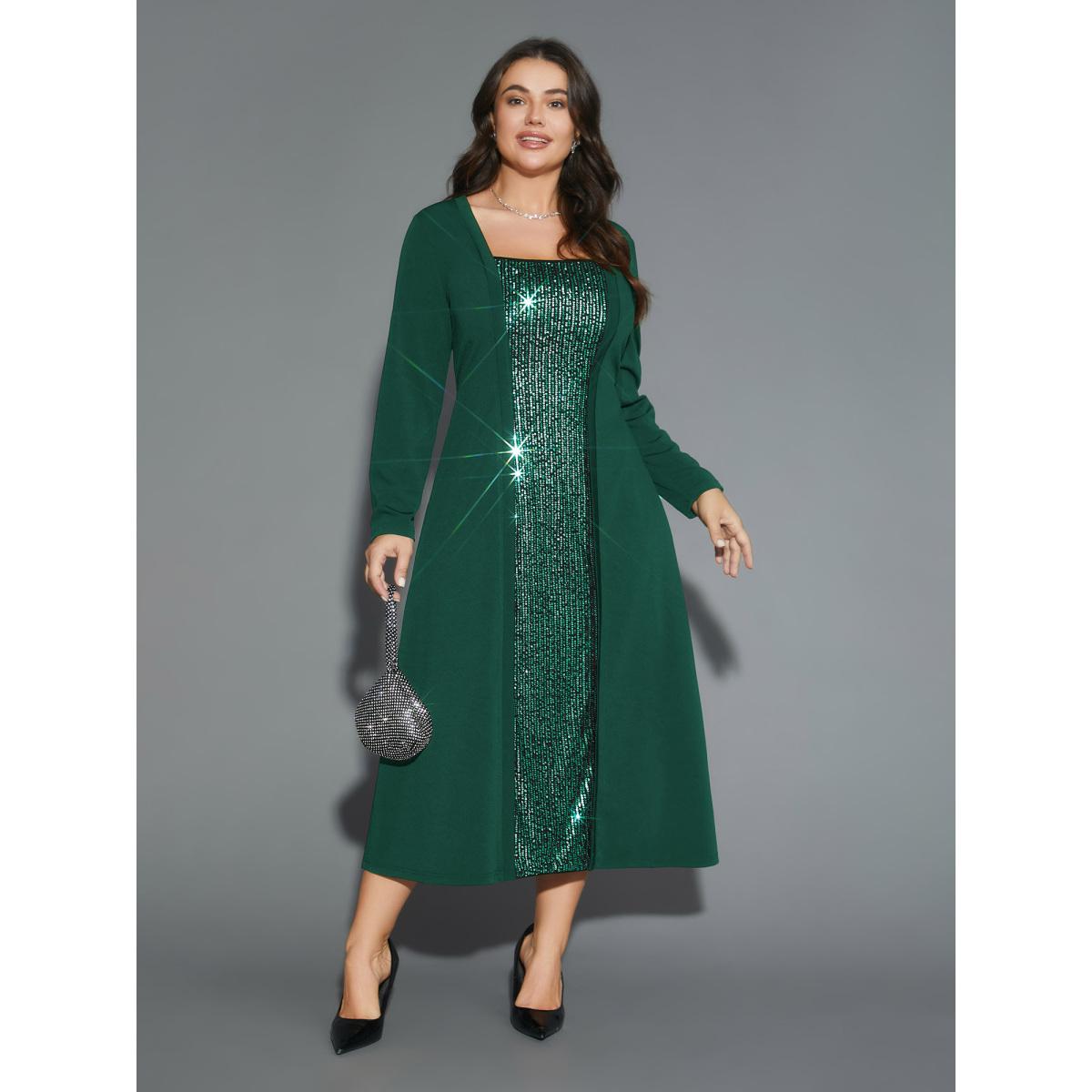 Plus Size Sequin Patchwork Elastic Waist Midi Dress DarkGreen Women Party&Cocktail Texture Party Curvy Bloomchic 12/L Product Image