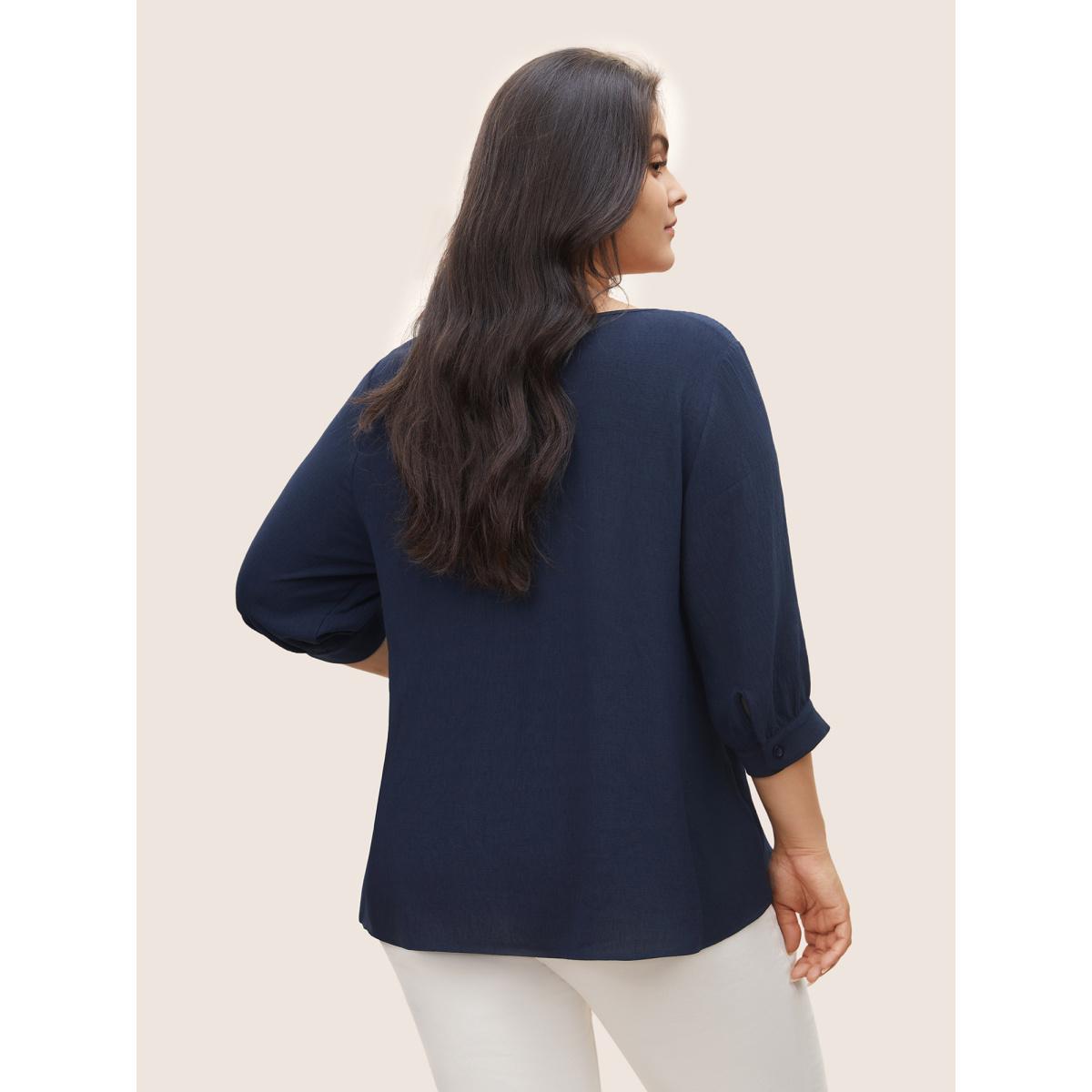 Plus Size Indigo Solid Button Detail Gathered Lantern Sleeve Blouse Women Work From Home Elbow-length sleeve V-neck Work Blouses BloomChic 12/L Product Image