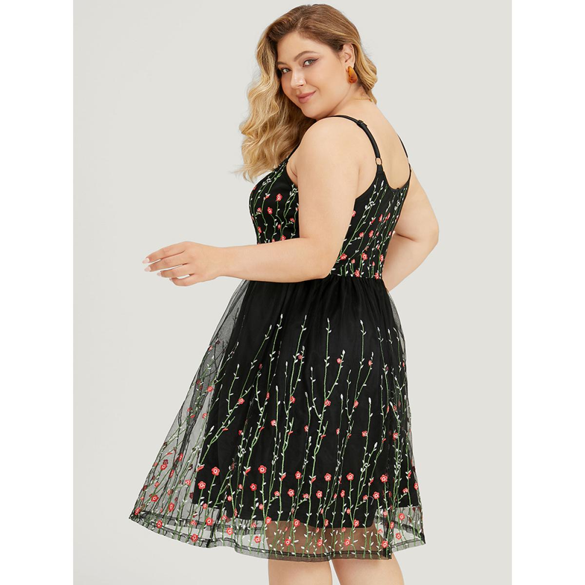 Plus Size Floral Embroidered Mesh Ruffle Hem Pocket Cami Dress Black Women Glamour Adjustable Straps Spaghetti Strap Sleeveless Curvy Knee Dress BloomChic 10/M Product Image