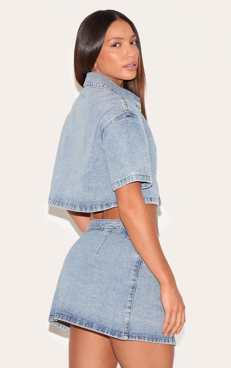 Tall Vintage Wash Button Up Short Sleeve Cropped Denim Shirt Product Image
