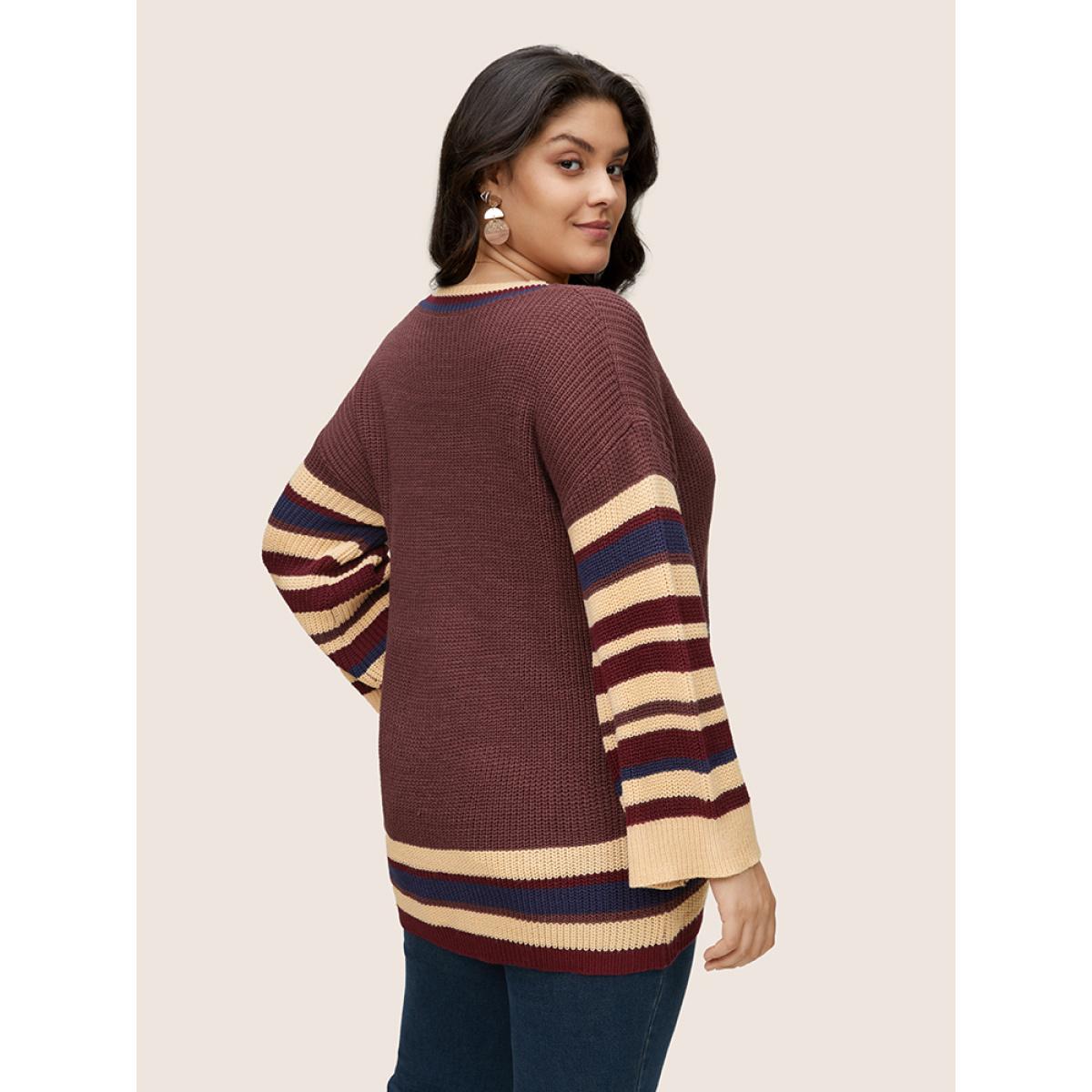 Plus Size Striped Contrast Knit Drop Shoulder Pullover DarkBrown Women Casual Loose Long Sleeve V-neck Dailywear Pullovers BloomChic 28/5X Product Image