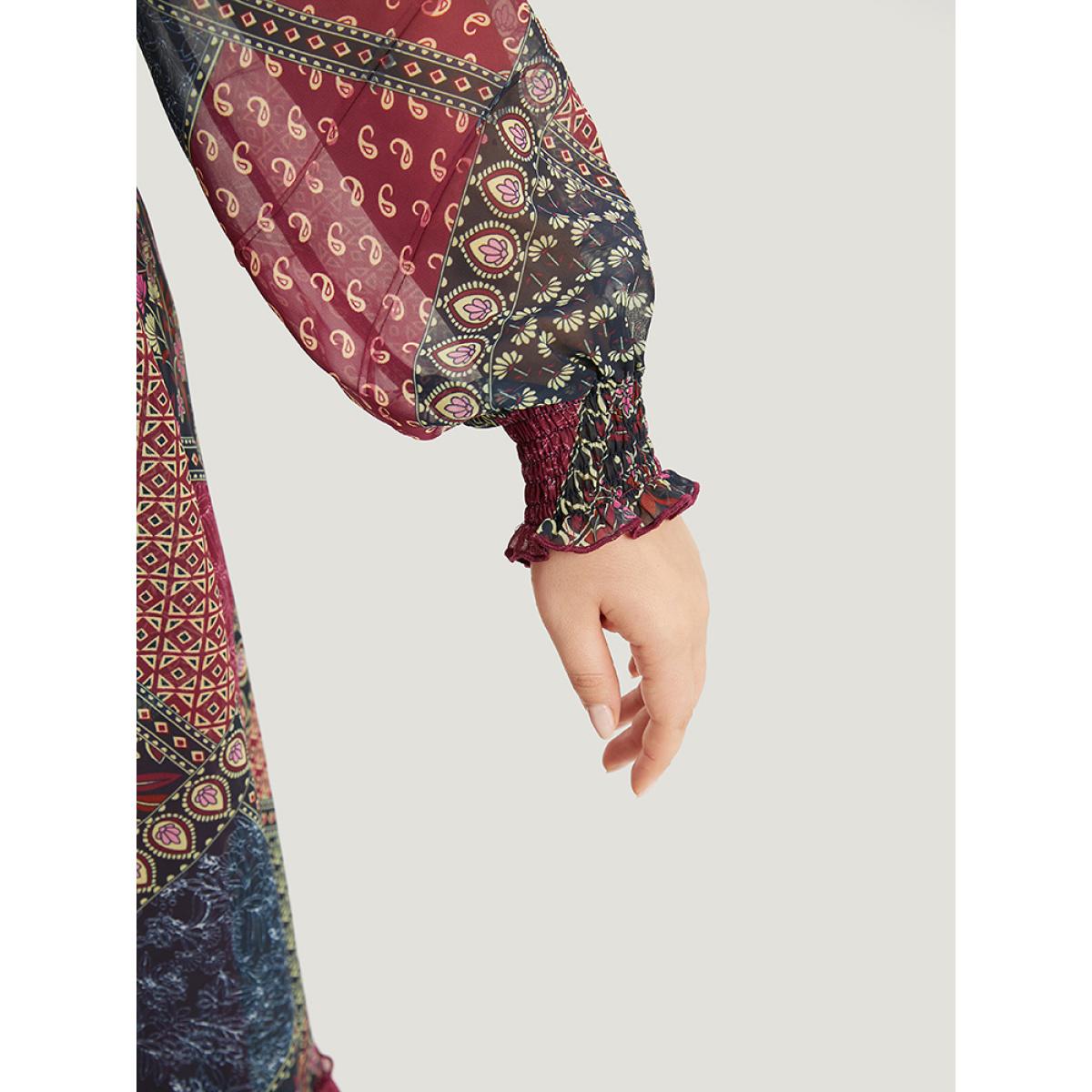 Plus Size Bandana Print Shirred Flutter Hem Dress Multicolor Women Vacation Elastic cuffs V-neck Long Sleeve Curvy Midi Dress BloomChic 18-20/2X Product Image