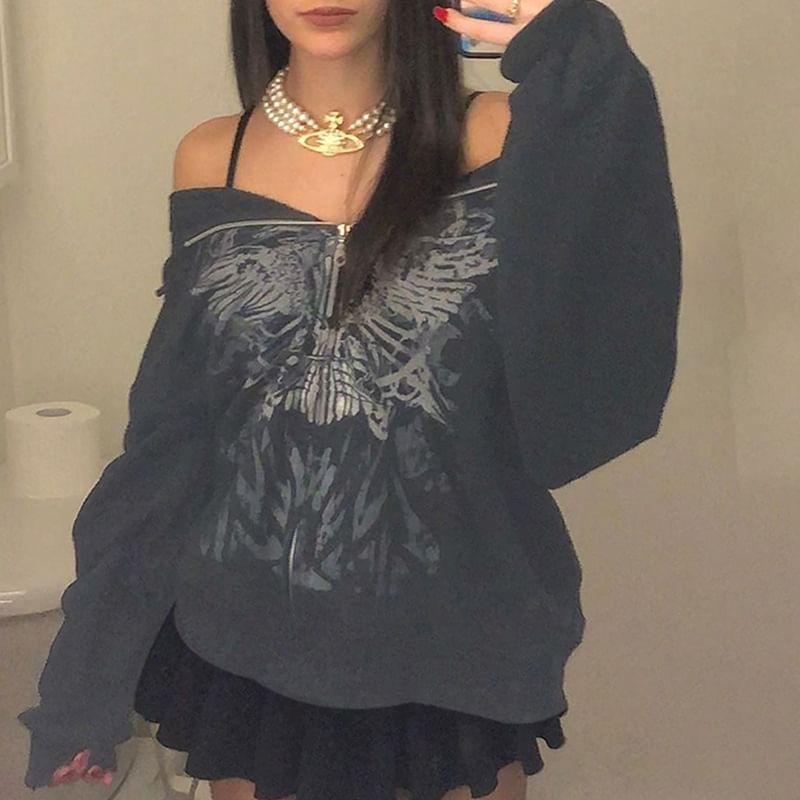 Oversized Butterfly Print Zip-Up Hoodie Product Image