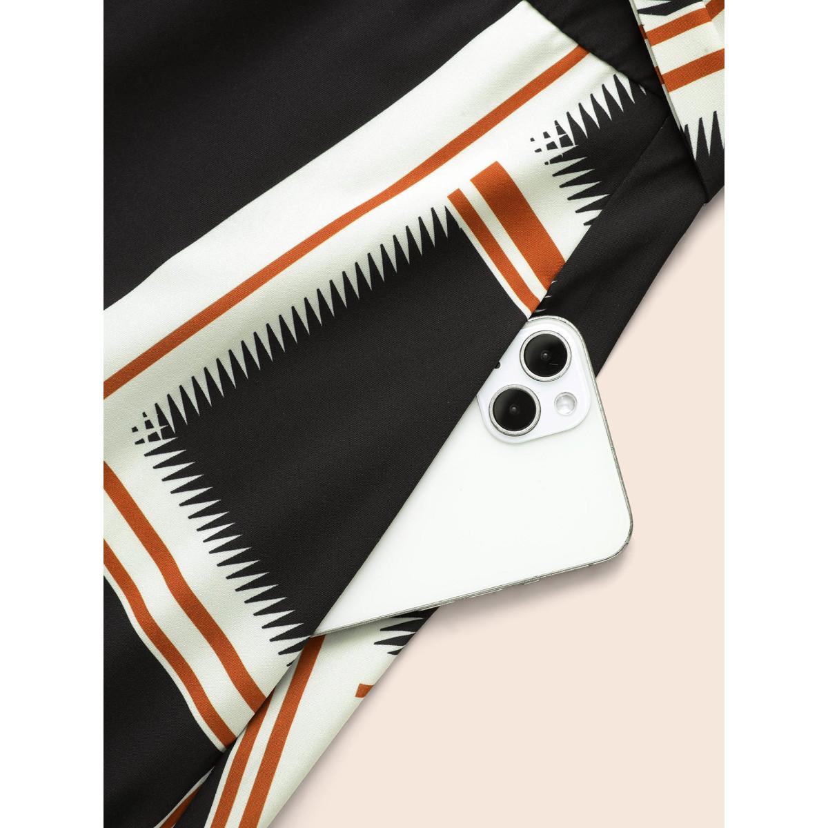 Plus Size Notched Collar Geometric Contrast Belted Dress Indigo Women At the Office Belted Notched collar Long Sleeve Curvy BloomChic 28/5X Product Image