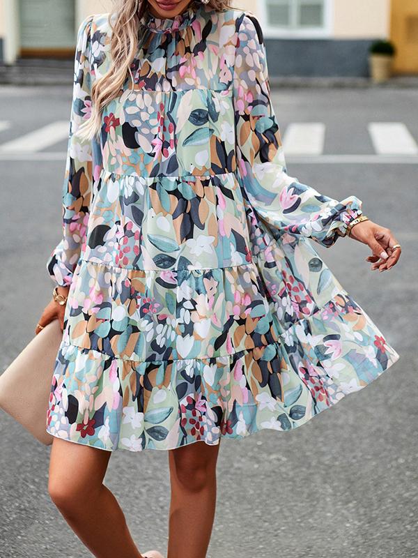 A-Line High Waisted Printed Split-Joint Tied Mock Neck Mini Dresses Product Image