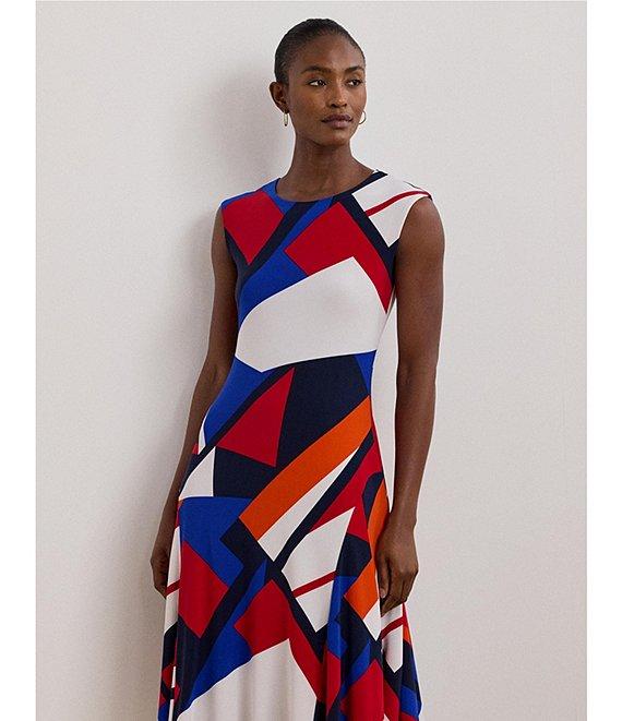 Lauren Ralph Lauren Printed Stretch Jersey Round Neck Cap Sleeve A-Line Midi Dress Product Image