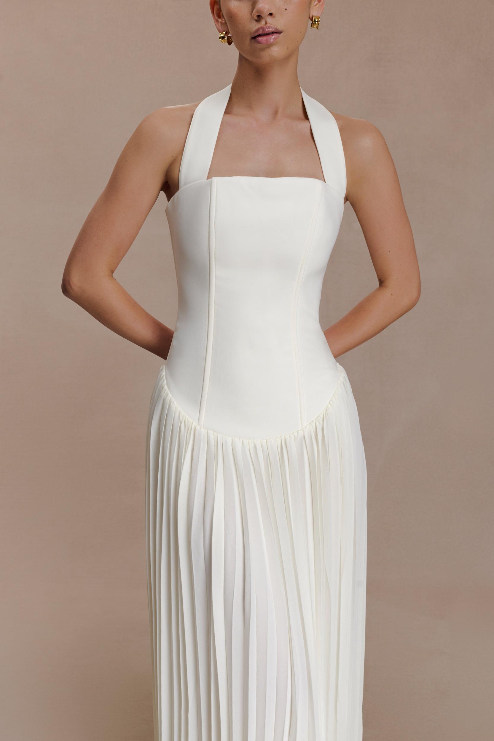 Stacie Pleated Halter Maxi Dress - Ivory Product Image