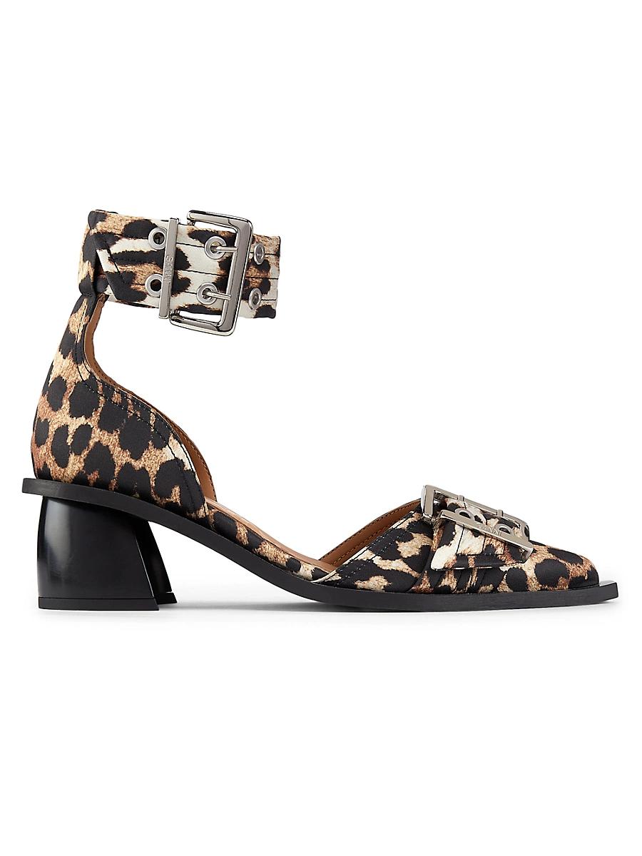 Womens Leopard Print Satin Buckle Pumps Product Image