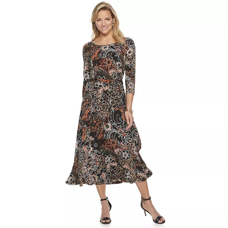 Women's Nina Leonard Belted 3/4 Sleeve Print Midi Dress,  Product Image