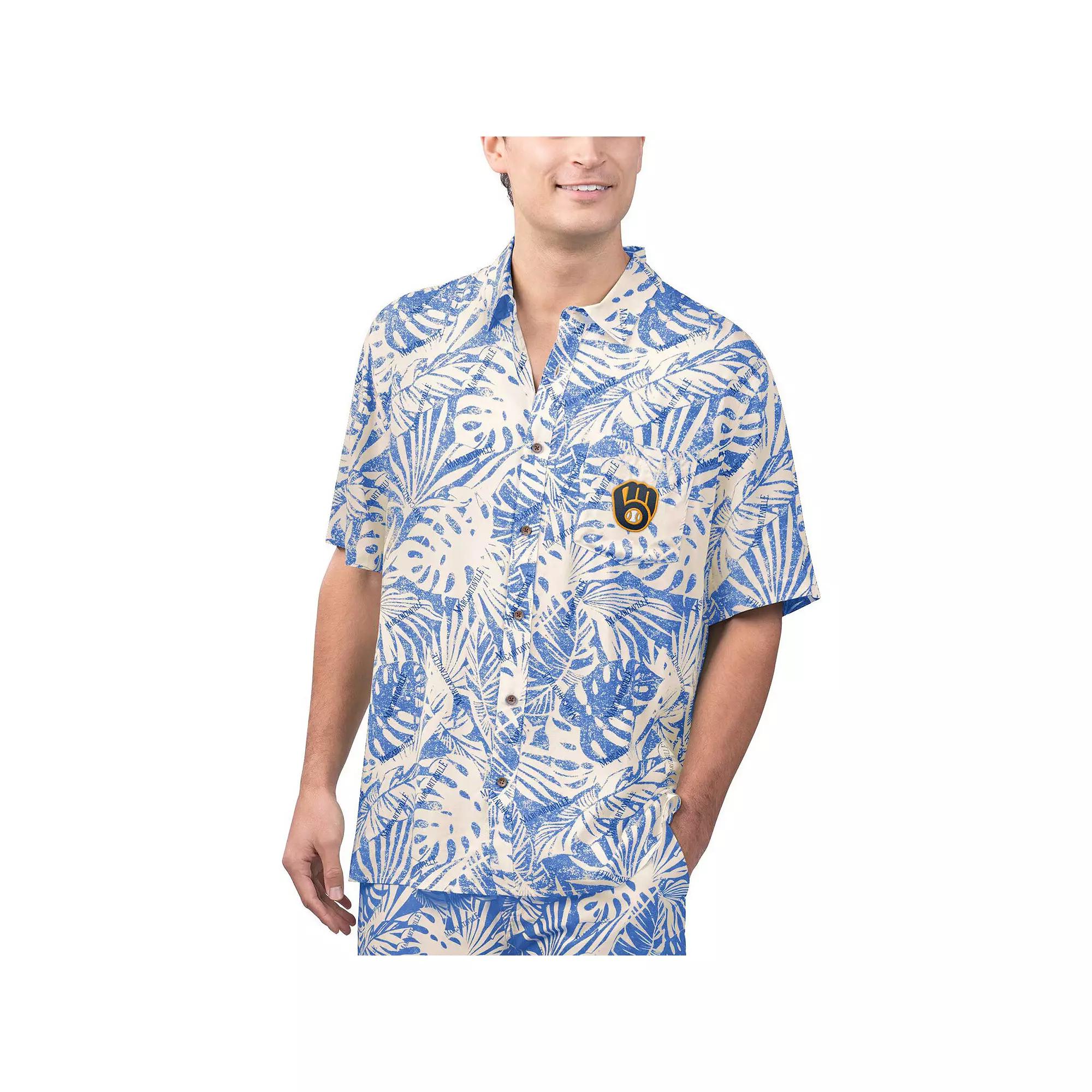 Men's Margaritaville Royal Milwaukee Brewers Monstera Print Party Button-Up Shirt, Size: XL, Blue Product Image