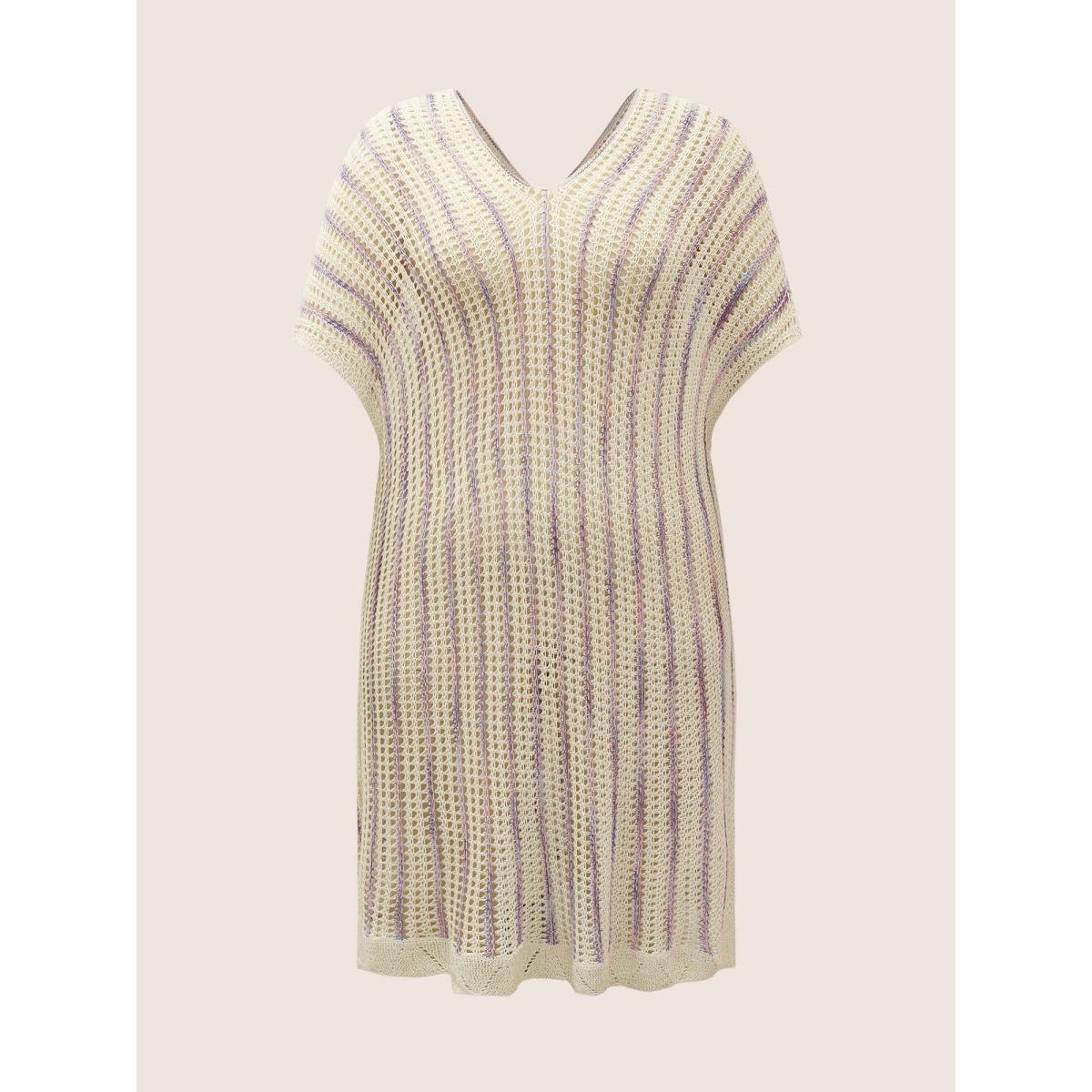 Plus Size Contrast Heather Pointelle Knit Batwing Sleeve Swim Cover Up Women's Swimwear Ivory Beach Contrast Curve Swim Cover Ups BloomChic 14-16/1X Product Image