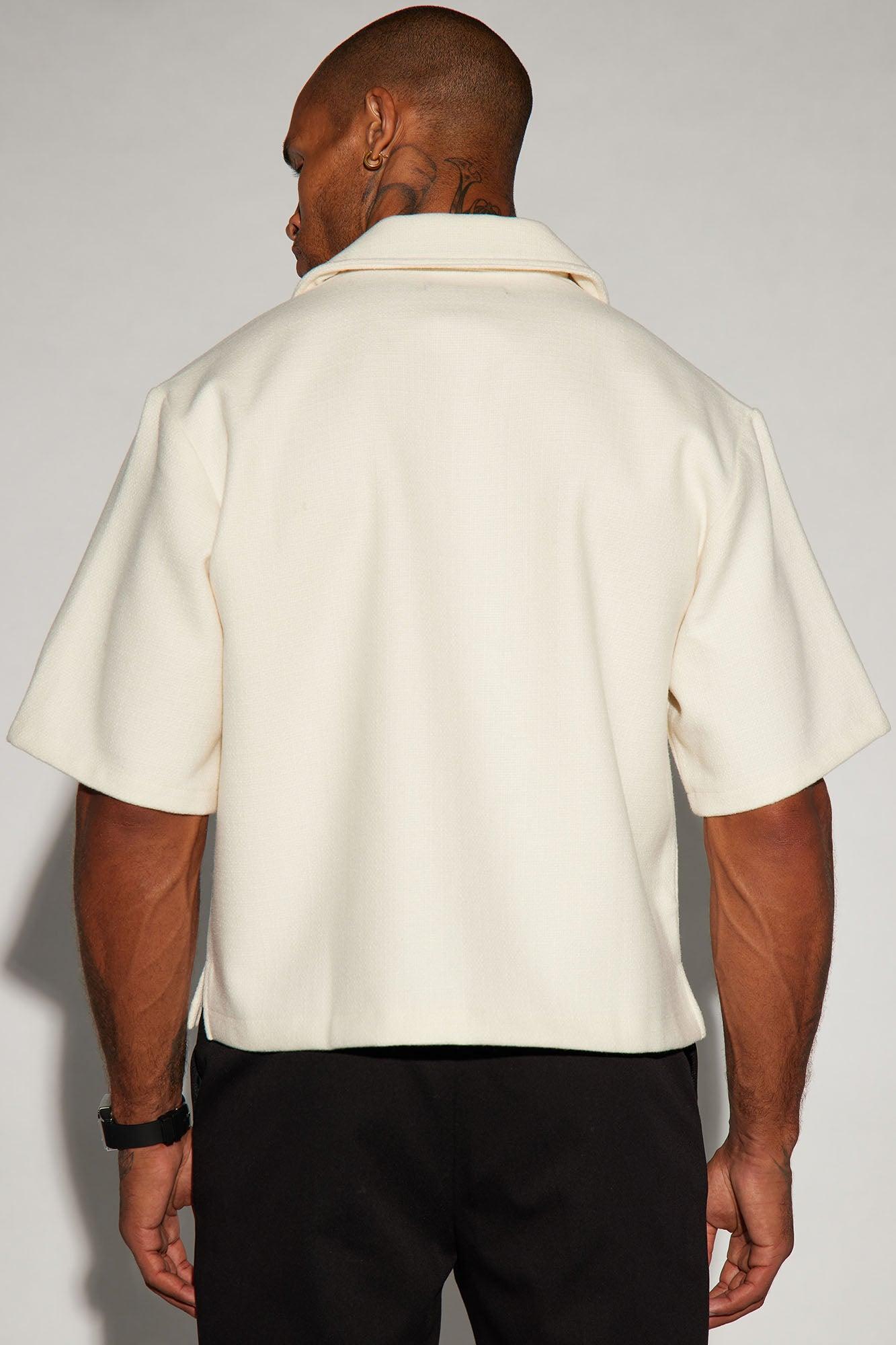 Wilder Textured Weave Cropped Button Up Shirt - Cream Product Image