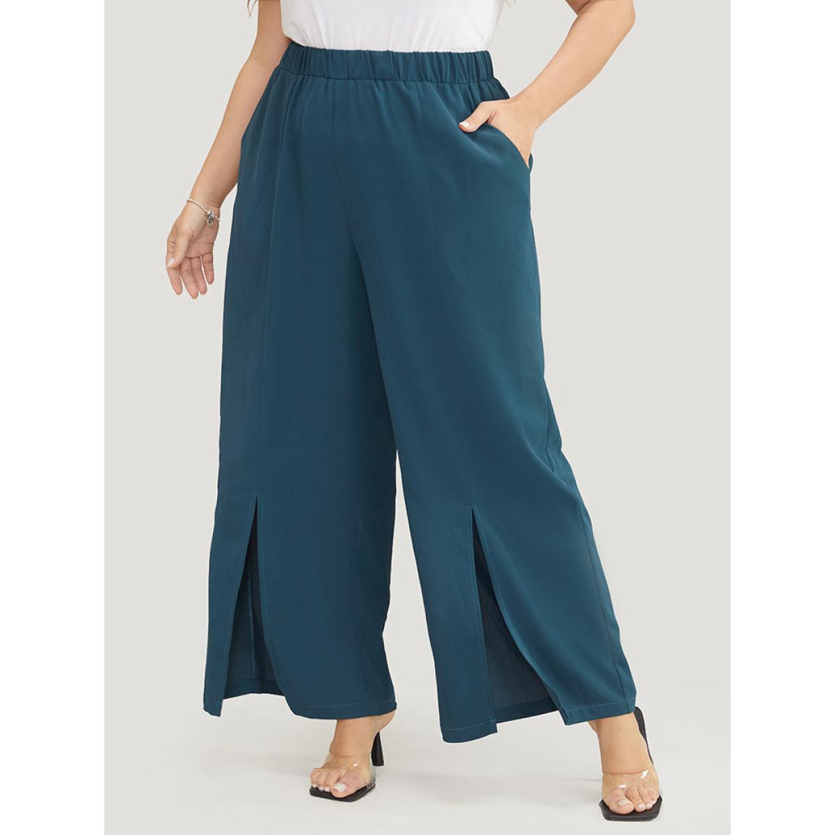 Plus Size Split Hem Elastic Waist Pocket Pants Women Cyan Office Mid Rise Office Pants BloomChic 28/5X Product Image