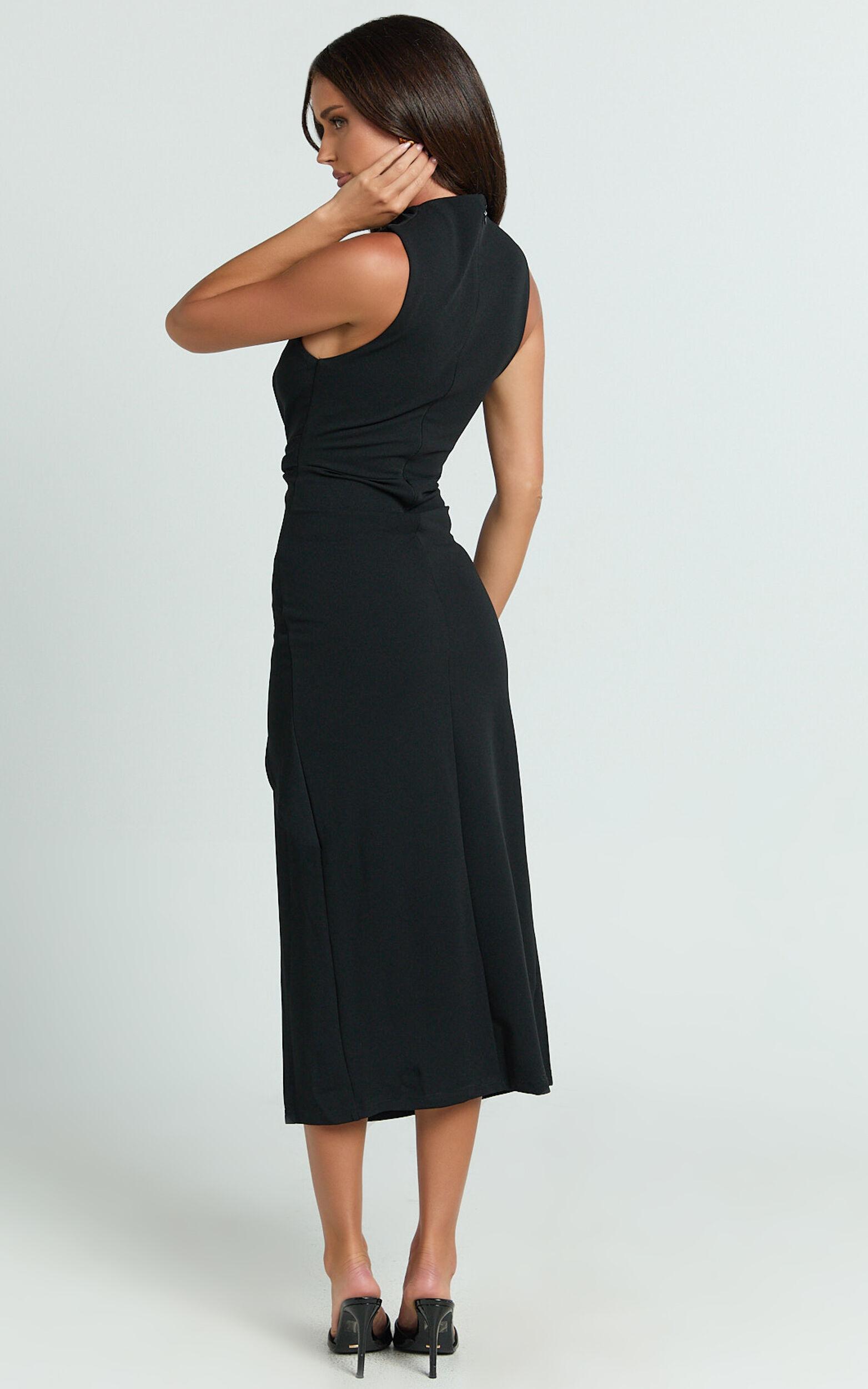 Millie Midi Dress - Front Twist Cut Out Thigh Split Dress in Black Product Image