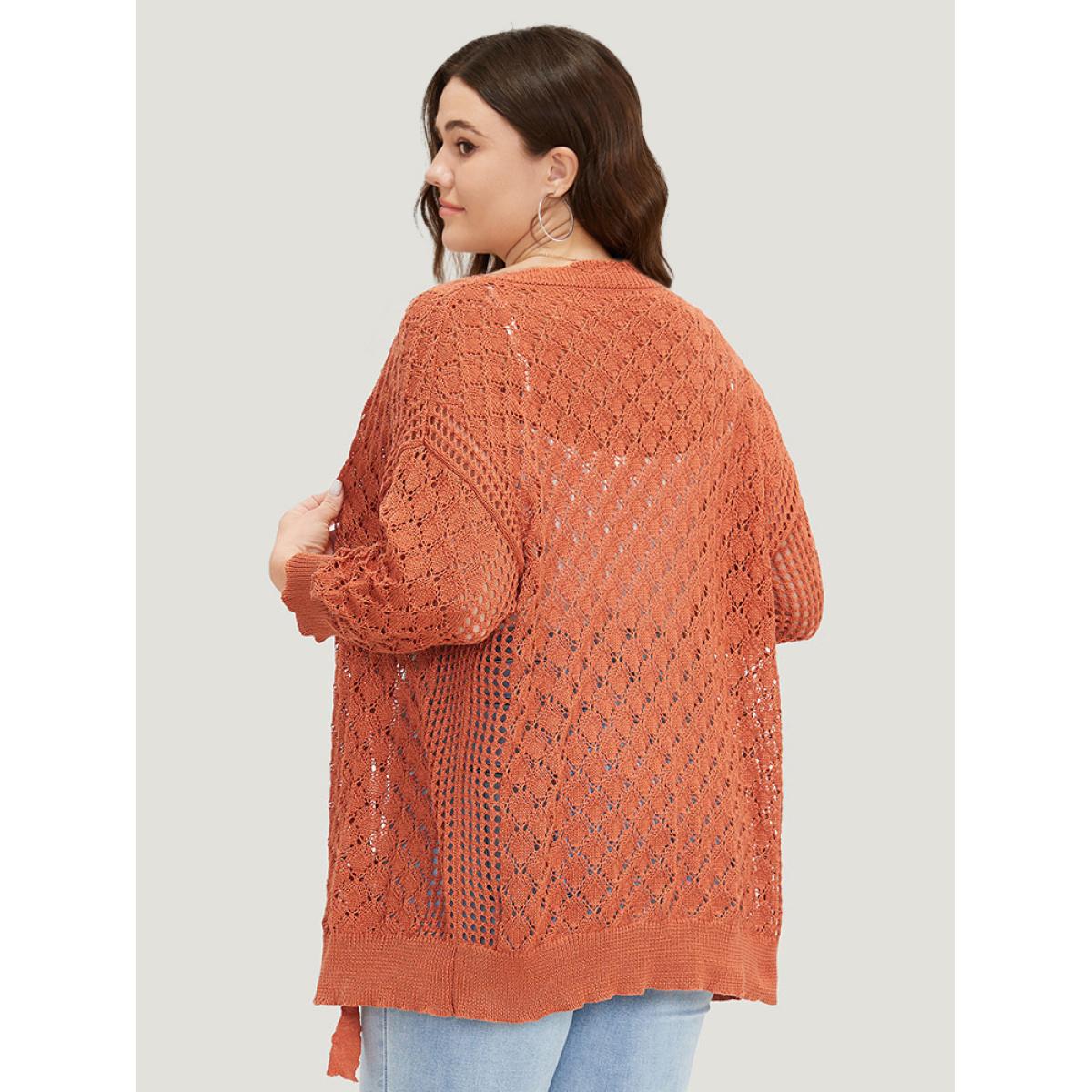 Plus Size Solid Hollow Out Ties Front Elastic Cuffs Cardigan Chocolate Women Casual Loose Elbow-length sleeve Dailywear Cardigans BloomChic 12/L Product Image